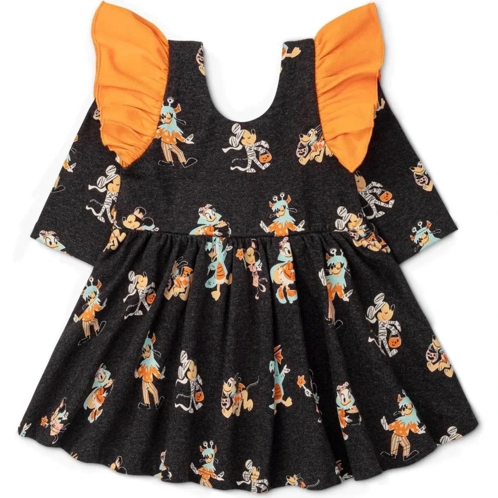 Disney x Monica + Andy Halloween Mickey Minnie Ruffle Dress 0-6M Charcoal Orange